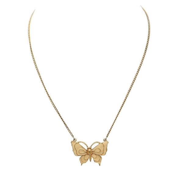 Vintage 70s MODE ART Cream Enamel Butterfly Gold Tone Chain Pendant Necklace - Picture 2 of 8